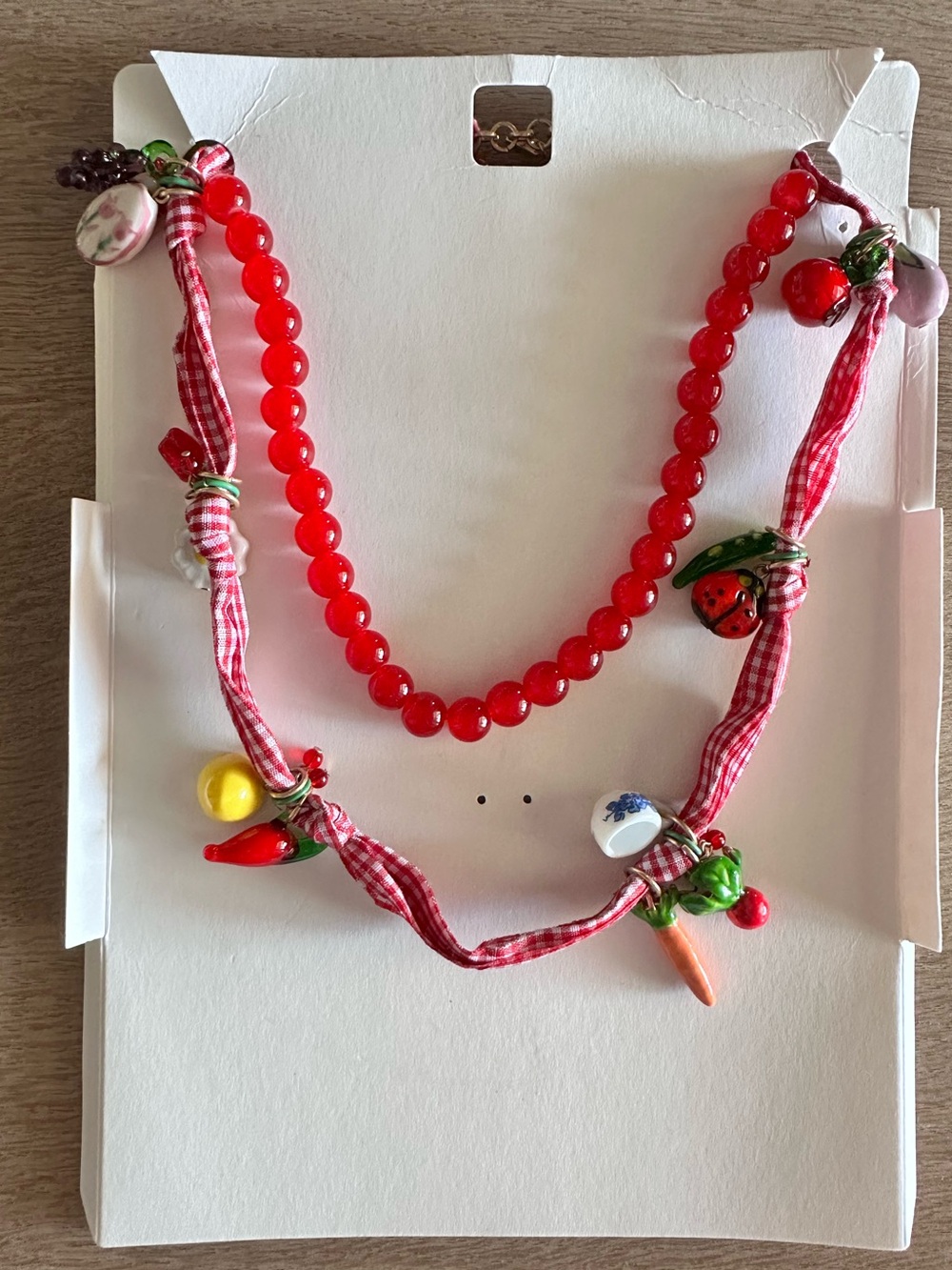 Zara Set of Beaded and Charm with Gingham Ribbon Necklace